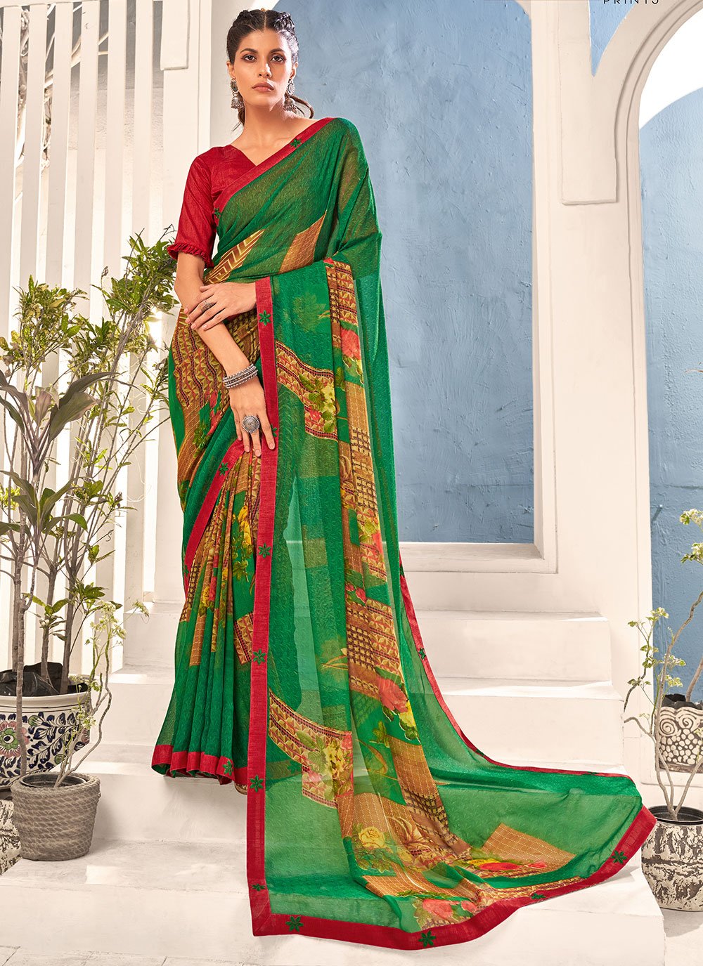 Green Faux Georgette Casual Saree