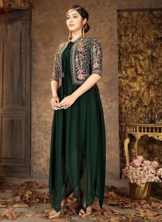 Green Faux Georgette Designer Gown