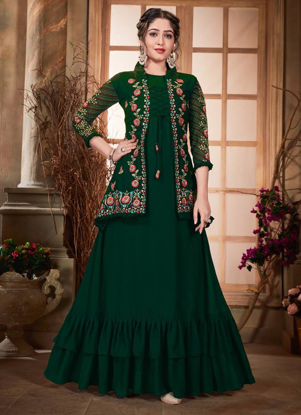 green faux georgette designer gown 205843