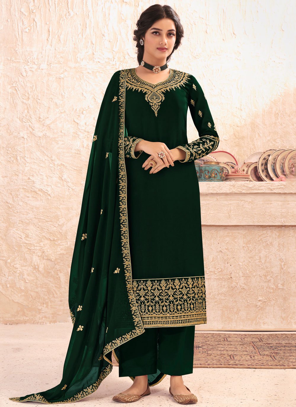 Green Faux Georgette Designer Pakistani Suit