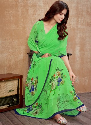 Green Faux Georgette Printed Saree