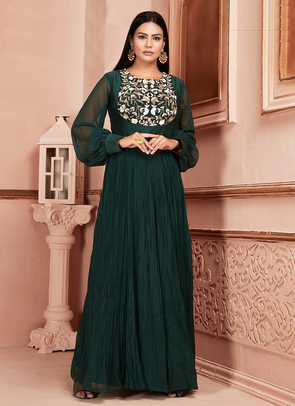 Green Georgette Embroidered Readymade Suit