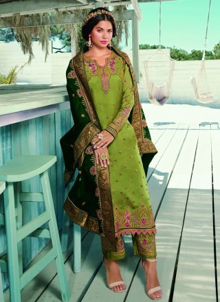 Green Georgette Satin Ceremonial Designer Pakistani Suit