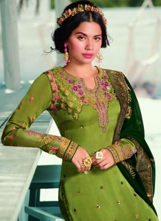 Green Georgette Satin Ceremonial Designer Pakistani Suit