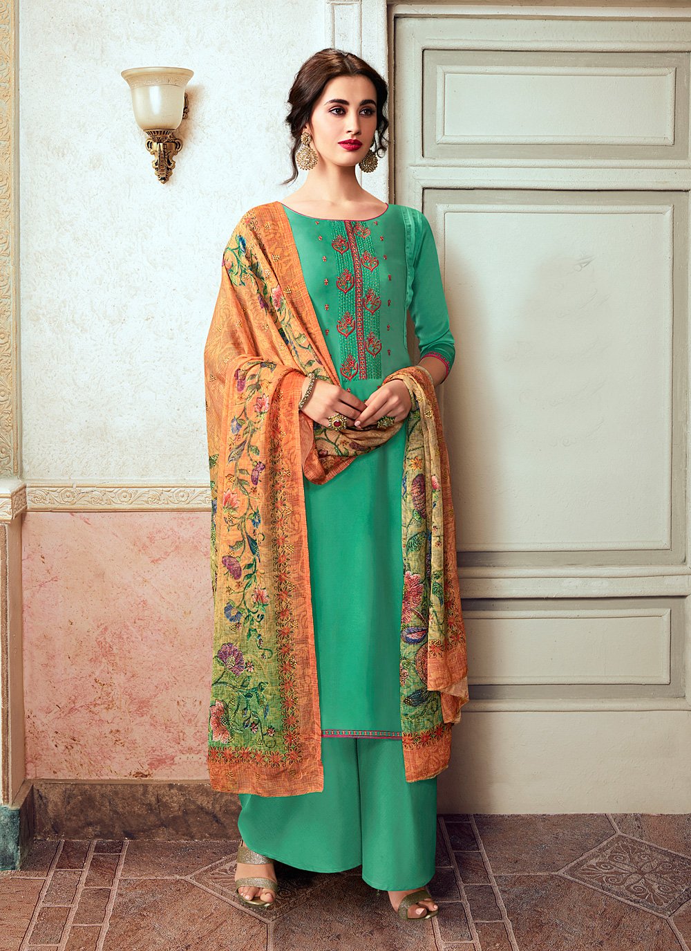 Green Georgette Satin Designer Palazzo Salwar Suit