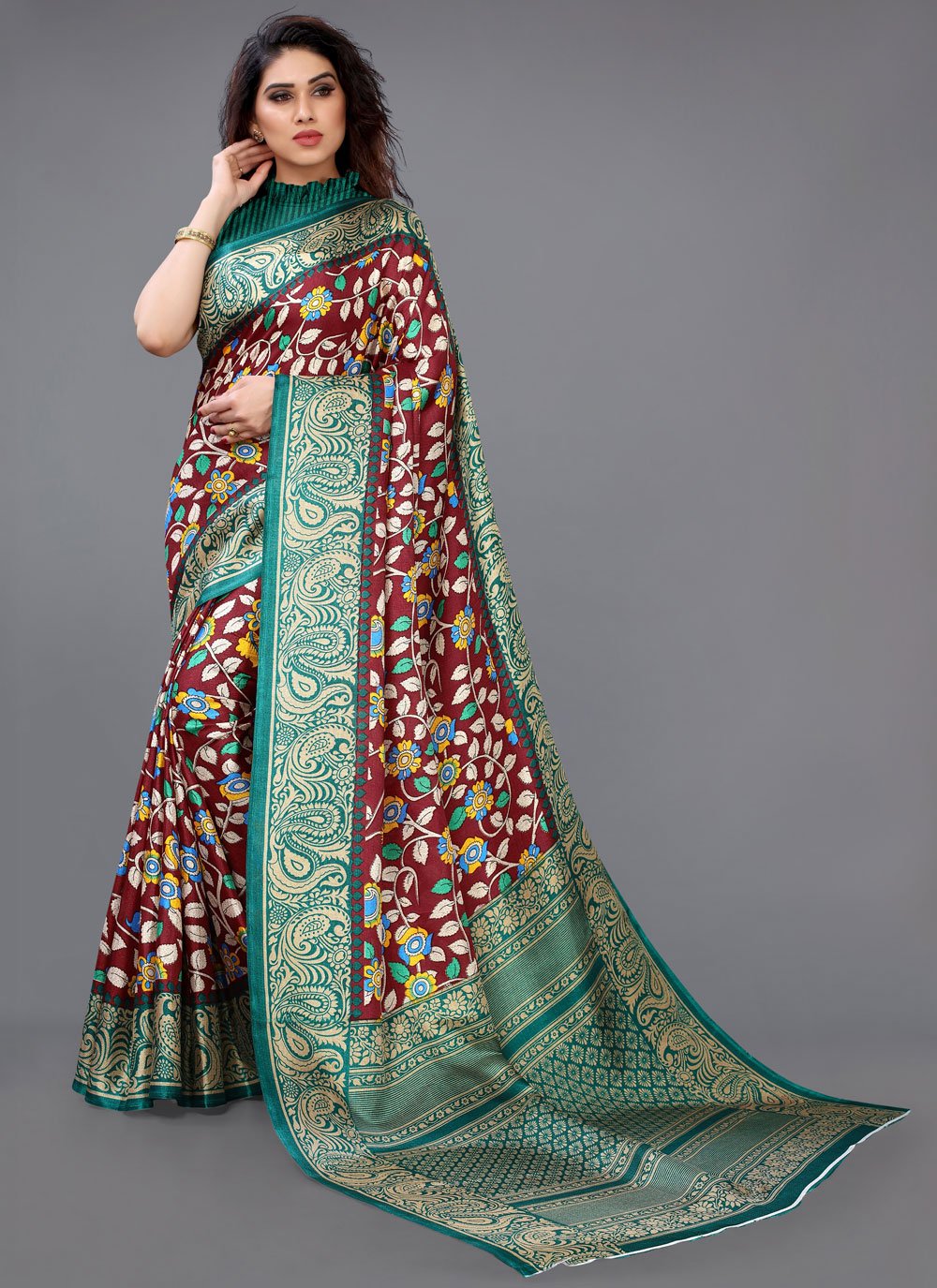 Green Khadi Silk Printed Designer Saree