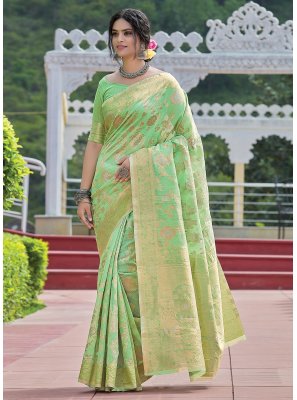 Green Linen Traditional Designer Saree