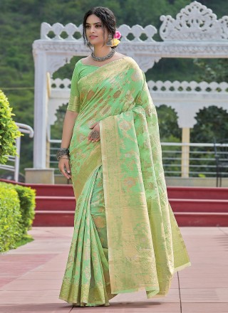 Green Linen Traditional Designer Saree