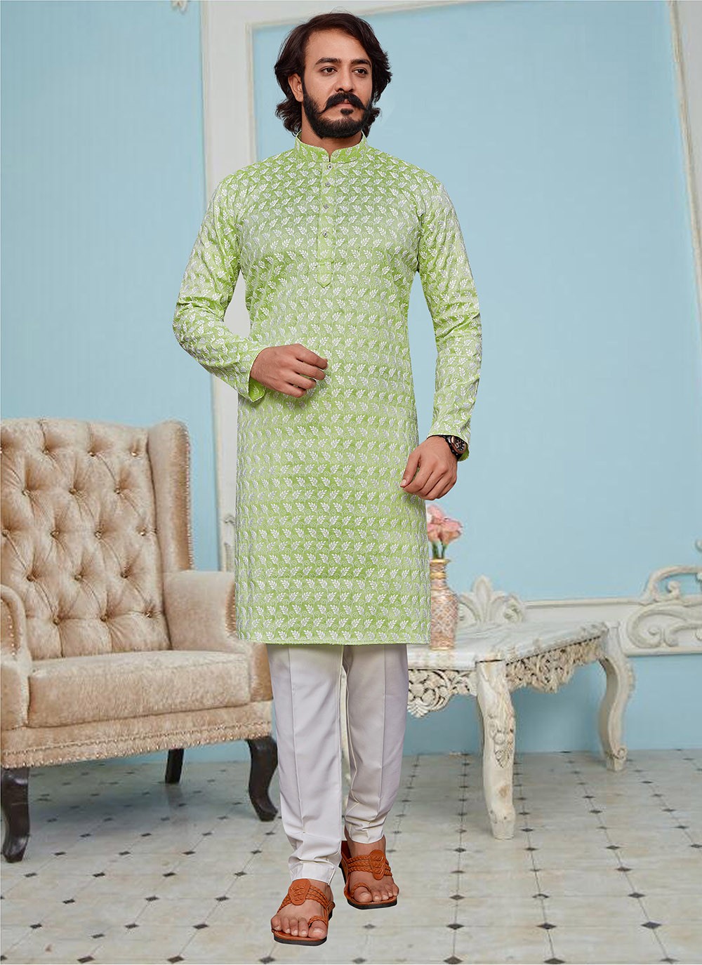 Green Lucknowi work Kurta Pyjama