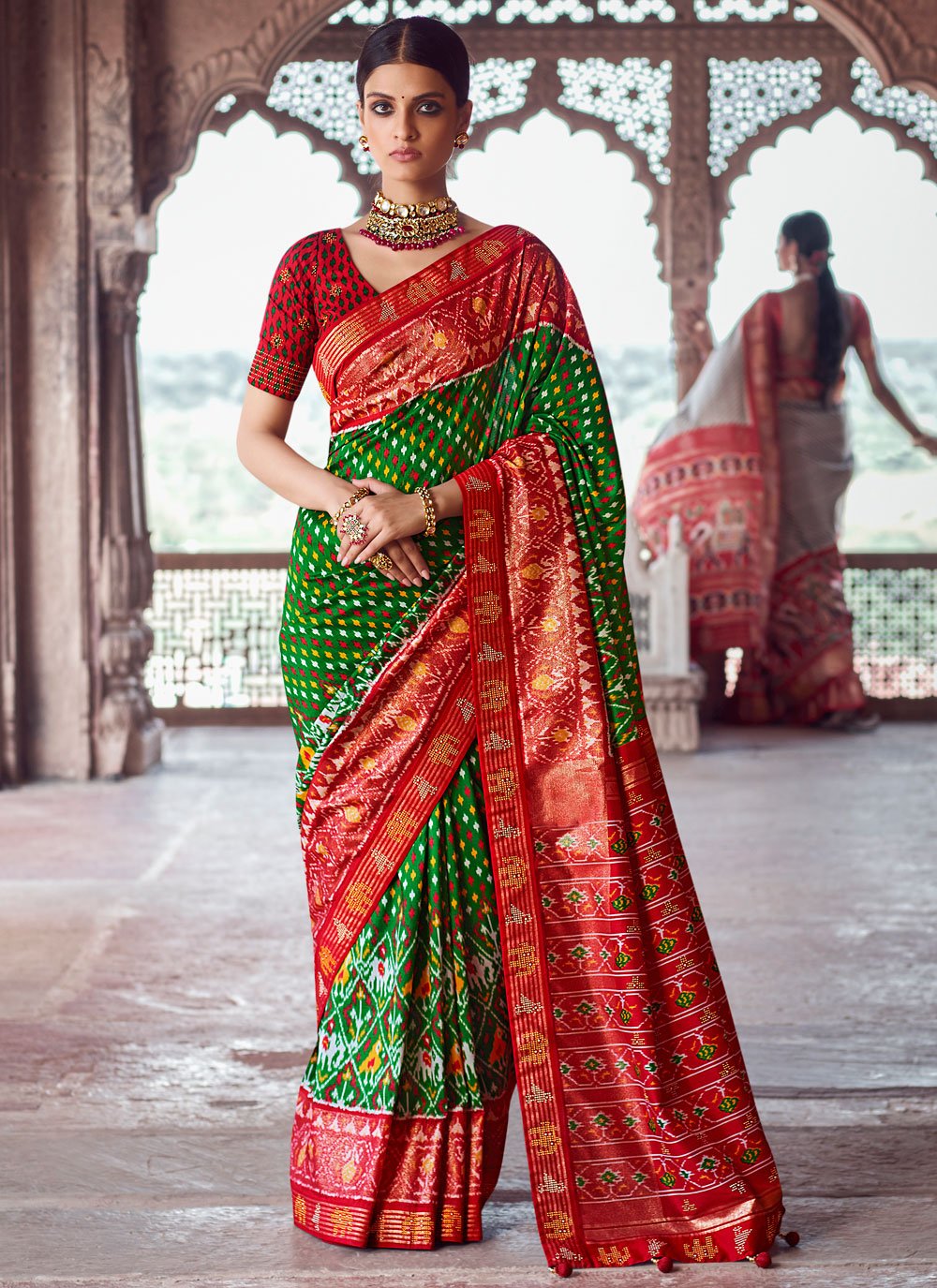 Patola silk Saree with blouse in Green colour 350D