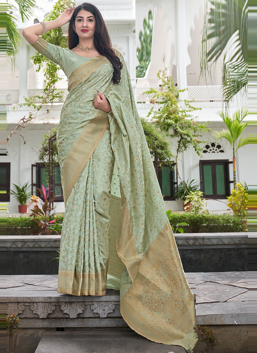 Green Satin Silk Traditional Saree