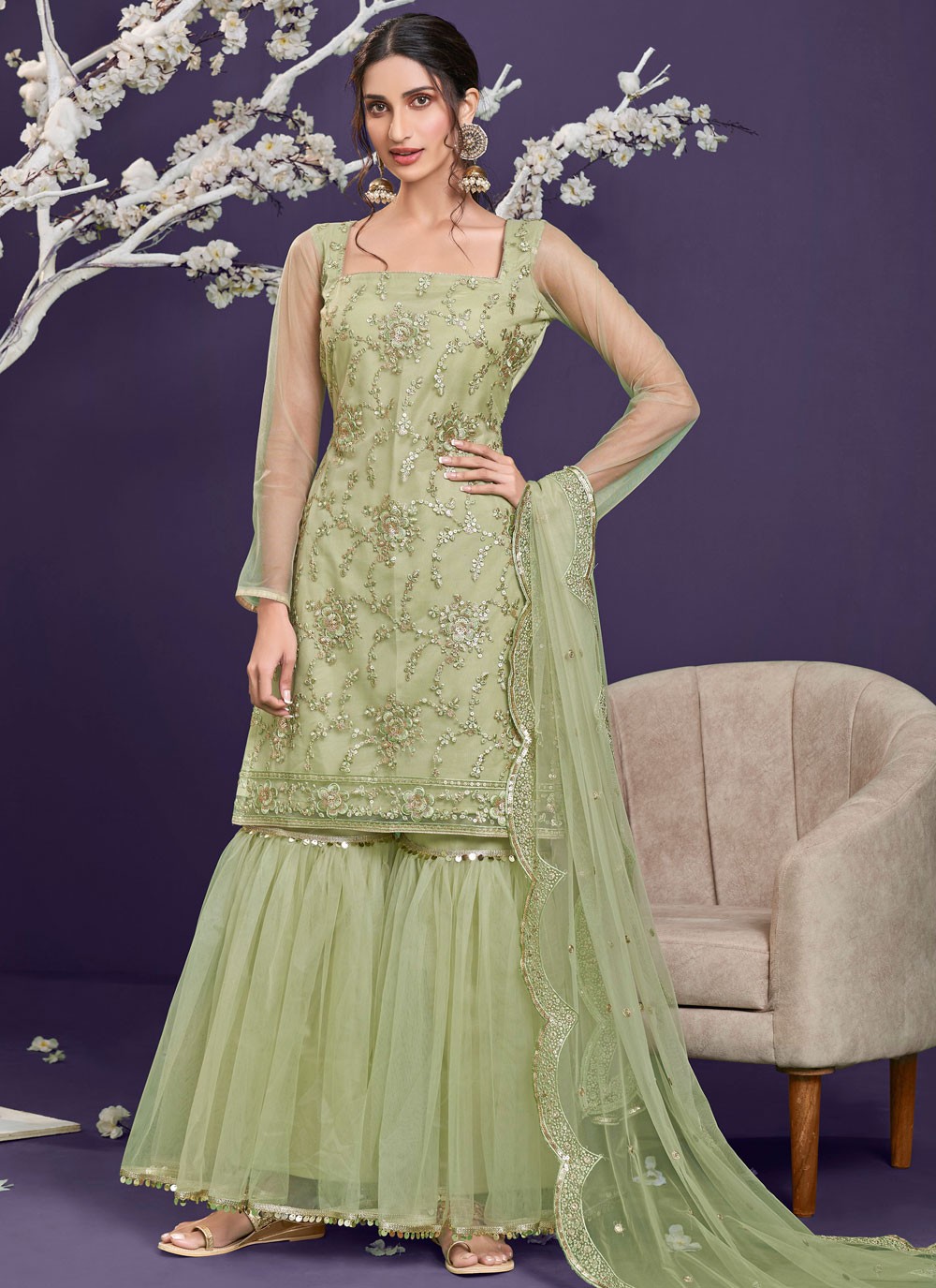 Green Sequins Net Designer Pakistani Salwar Suit