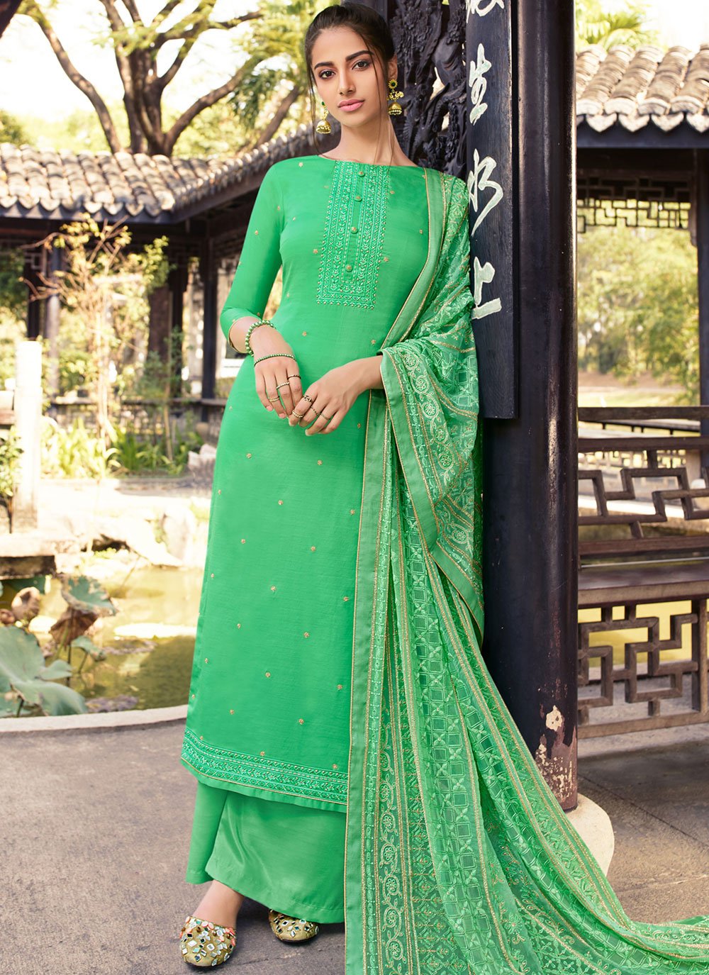 Green Silk Designer Palazzo Suit