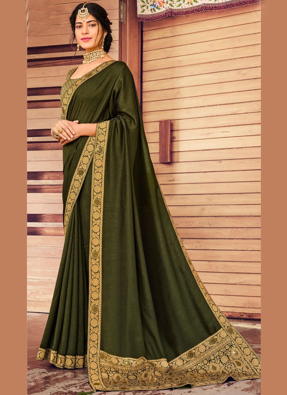 Green Vichitra Silk Traditional Saree