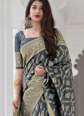 Grey Art Banarasi Silk Traditional Designer Saree