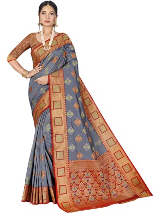 Grey Banarasi Silk Weaving Designer Traditional Saree