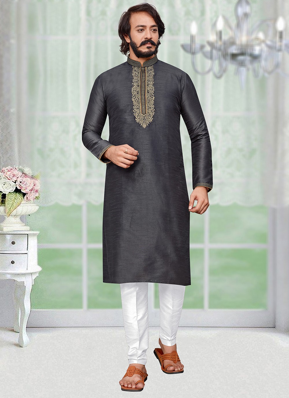 Grey Color Kurta Pyjama Sareeka