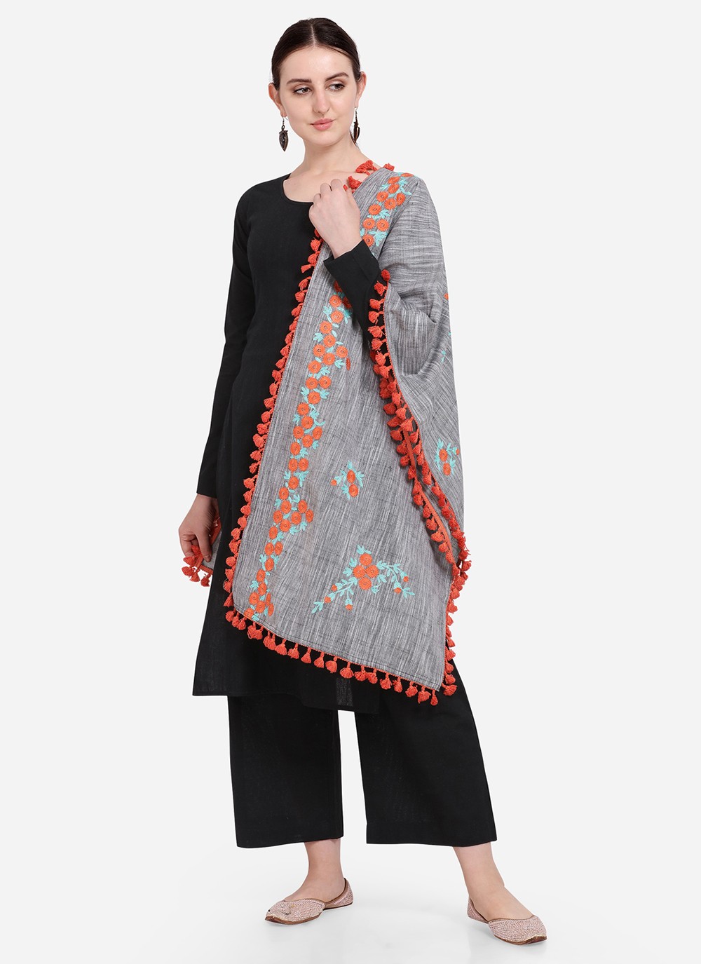 Grey Cotton Embroidered Designer Dupatta