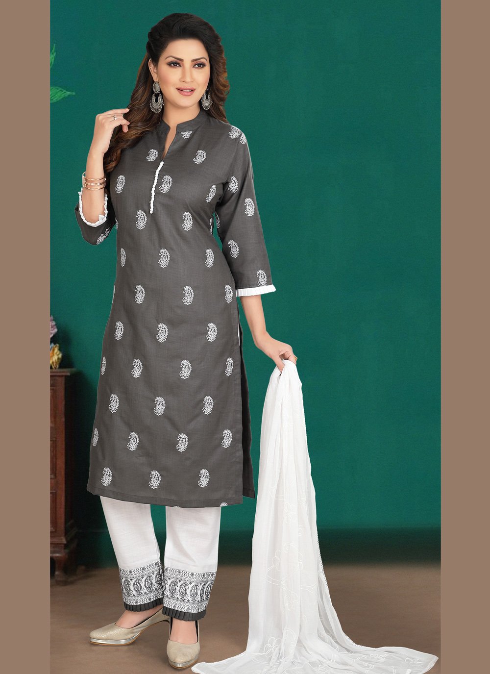 Grey Cotton Readymade Suit