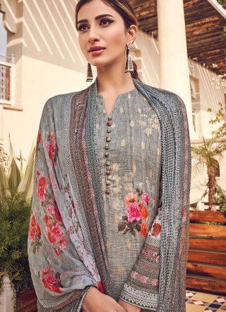 Grey Digital Print Silk Designer Pakistani Suit