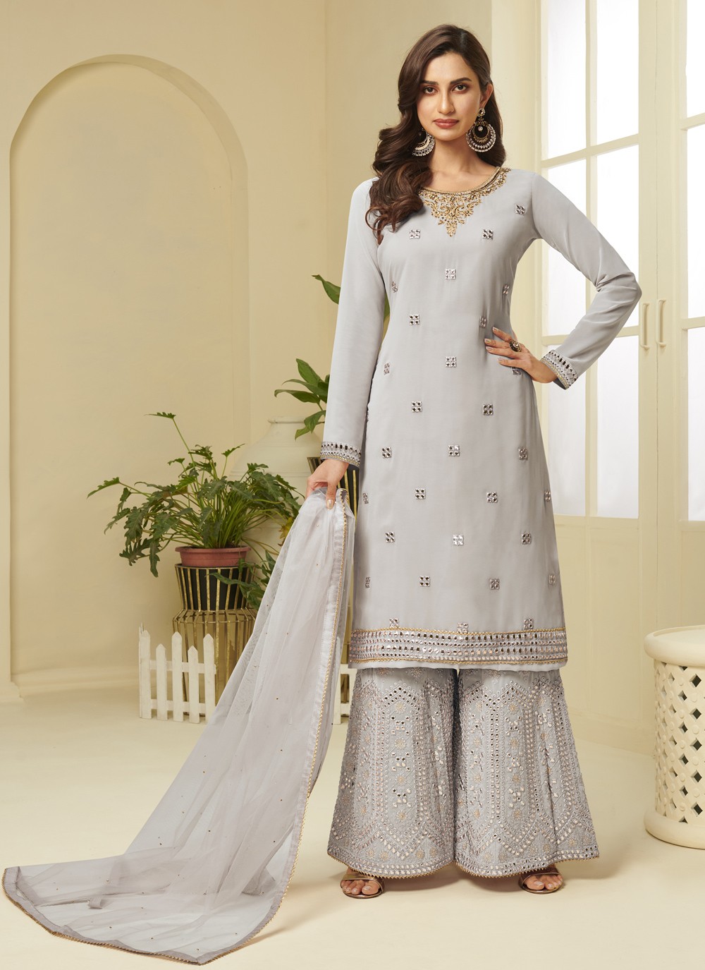 Grey Embroidered Faux Georgette Designer Palazzo Suit