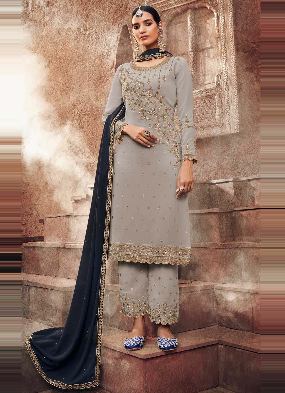 Grey Embroidered Festival Designer Pakistani Suit buy online -
