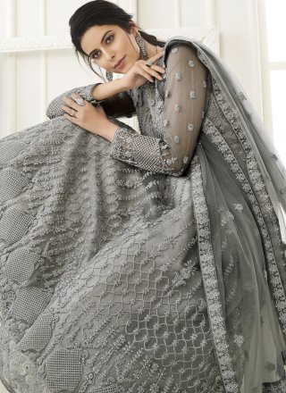 Grey Embroidered Festival Floor Length Anarkali Suit