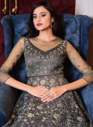 Grey Embroidered Net Floor Length Anarkali Suit