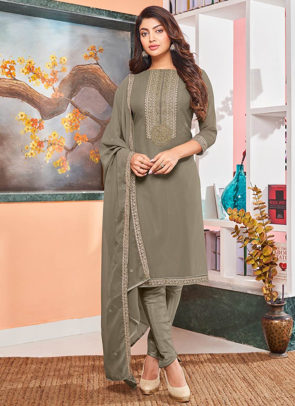 Grey Embroidered Party Trendy Salwar Suit