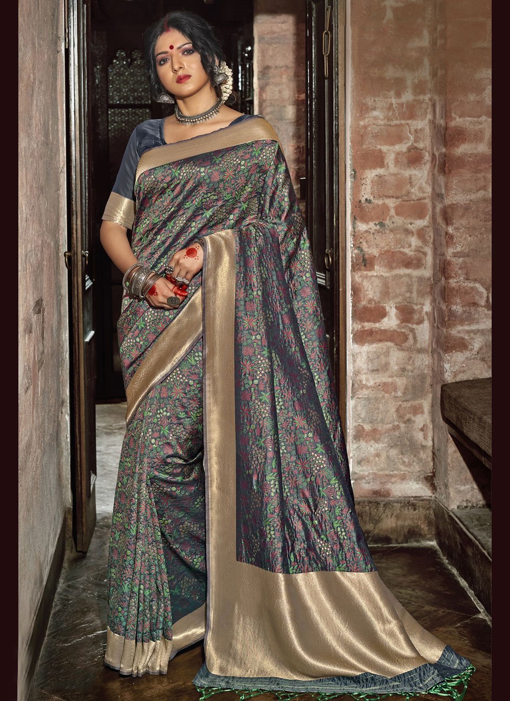 Grey Festival Banarasi Silk Traditional Designer Saree