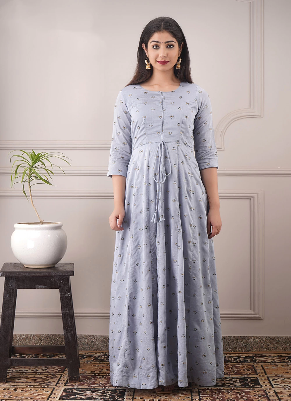 Grey Foil Print Chanderi Designer Gown