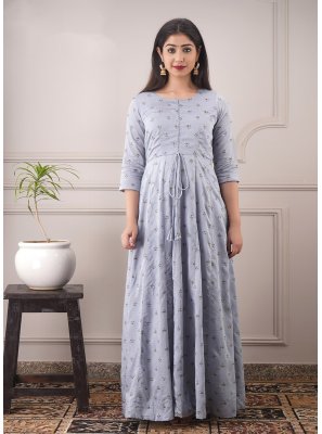 Grey Foil Print Chanderi Designer Gown
