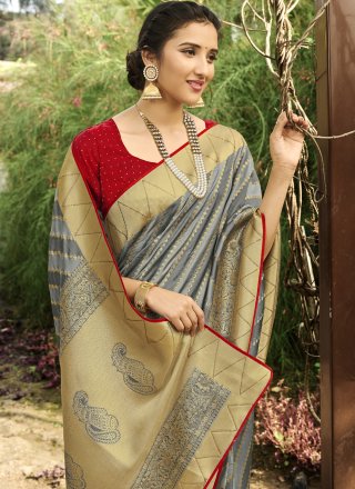 Grey Mehndi Silk Designer Traditional Saree