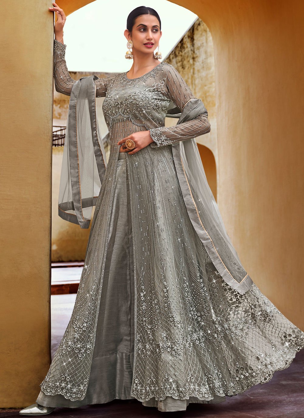 Buy Grey Swarovski Engagement Long Choli Lehenga Online