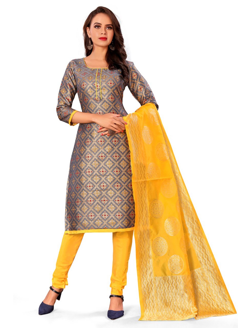 Grey Weaving Banarasi Silk Churidar Designer Suit