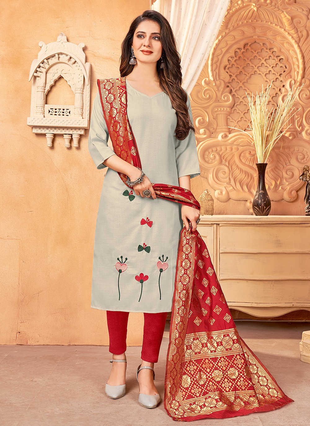 Handloom Cotton Embroidered Grey Pant Style Suit