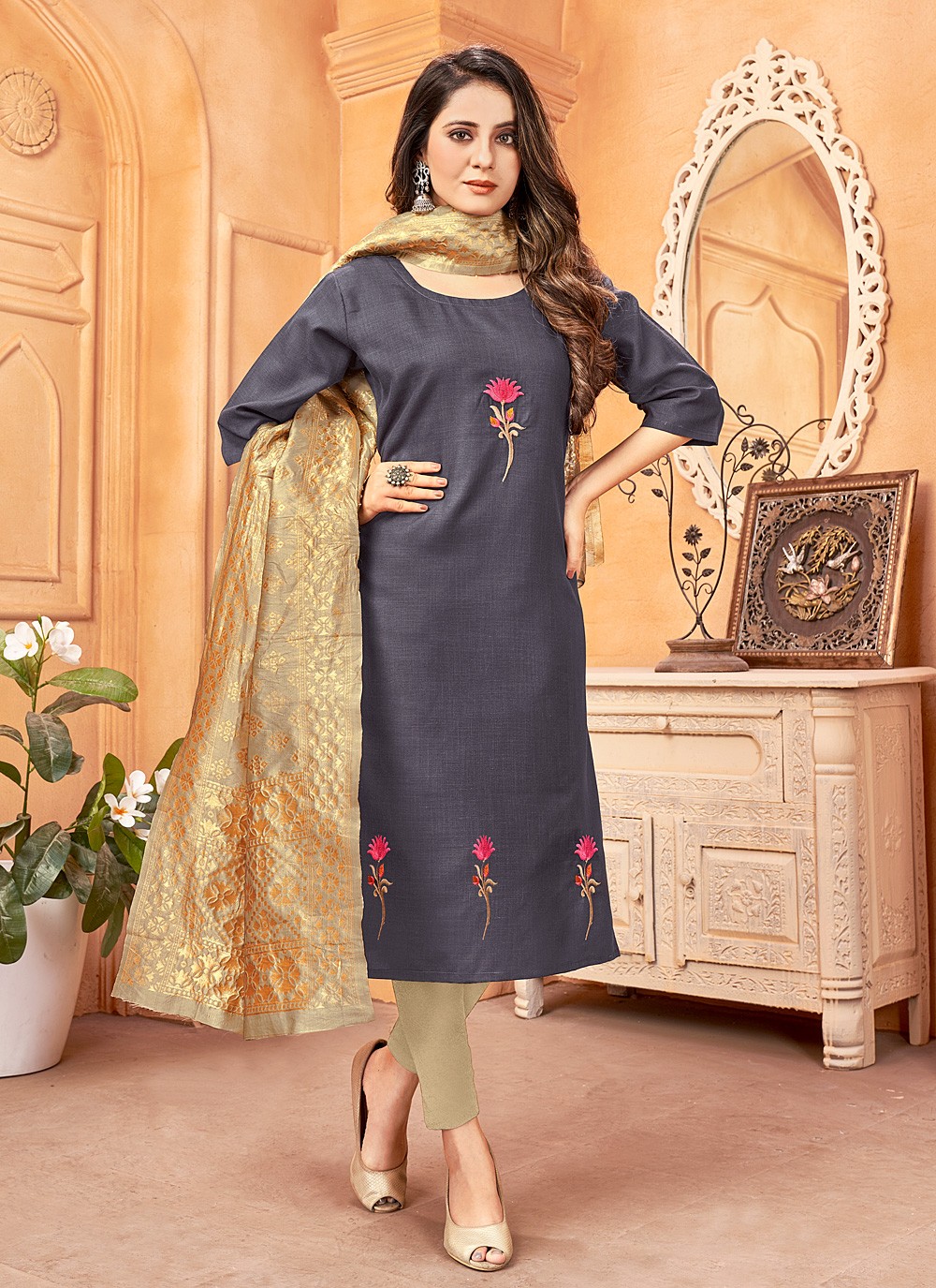 Handloom Cotton Embroidered Pant Style Suit in Grey