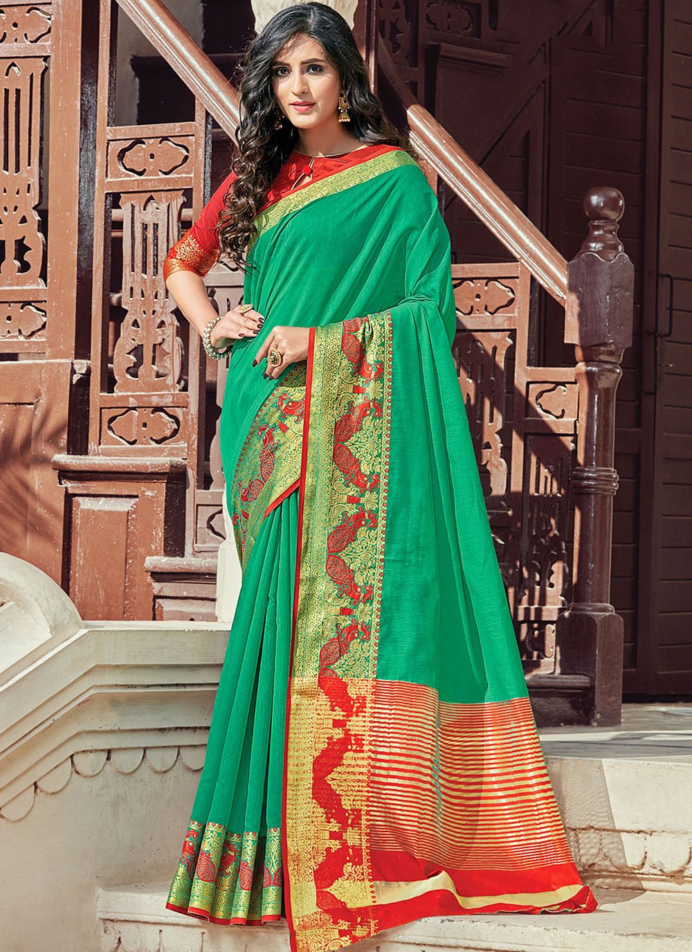 Handloom Cotton Woven Green Classic Designer Saree
