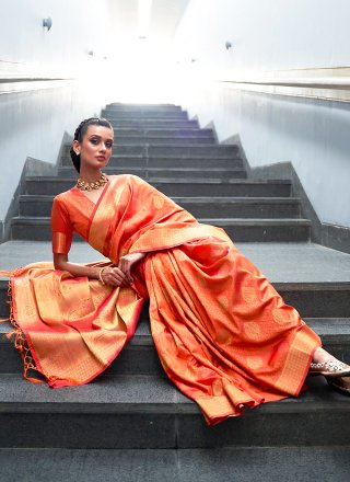 Handloom silk Designer Traditional Saree in Orange