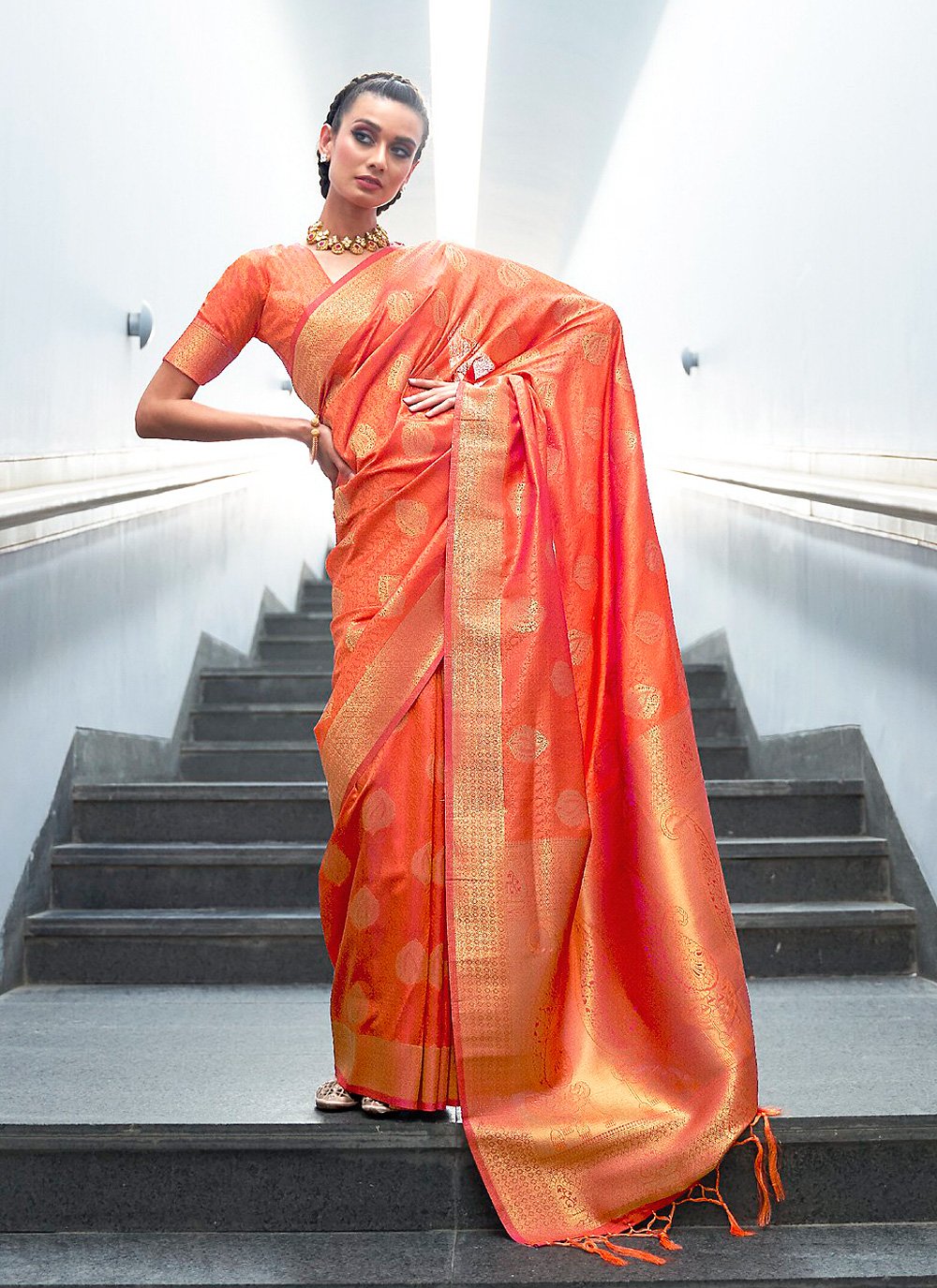 Handloom silk Designer Traditional Saree in Orange