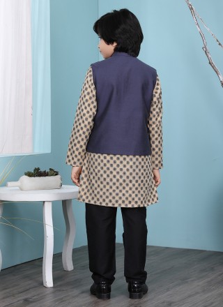 Handloom silk Plain Beige and Navy Blue Kurta Payjama With Jacket