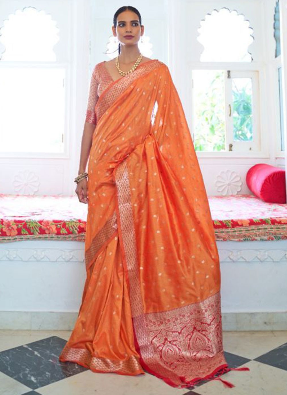 Handloom silk Weaving Orange Traditional Saree