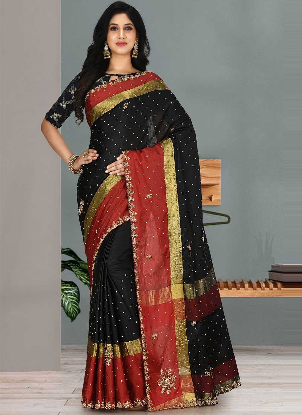 Handwork Black Satin Silk Designer Traditional Saree