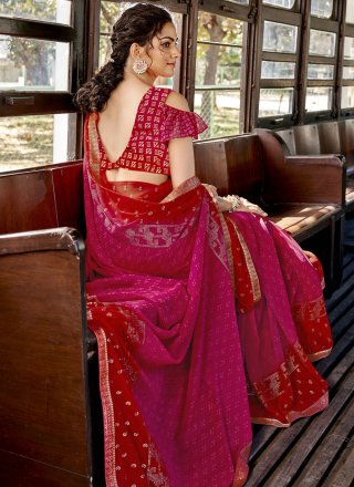 Hot Pink and Red Color Printed Saree