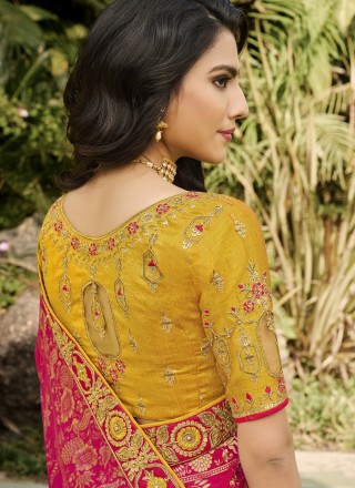 Hot Pink and Yellow Embroidered Banarasi Silk Half N Half Designer Saree