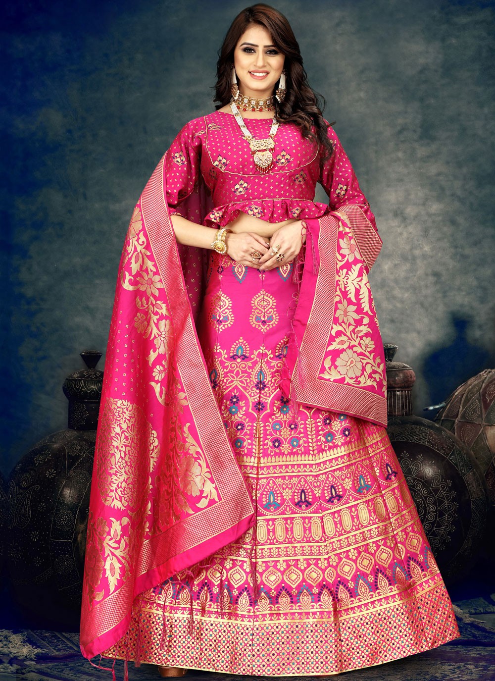 Hot Pink Art Banarasi Silk Lehenga Choli