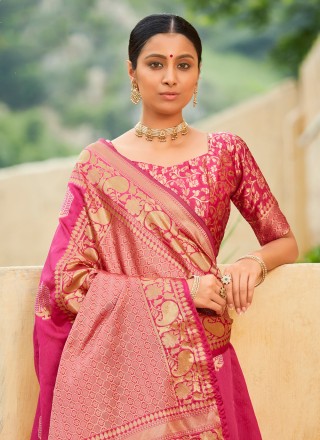 Hot Pink Banarasi Silk Festival Traditional Designer Saree