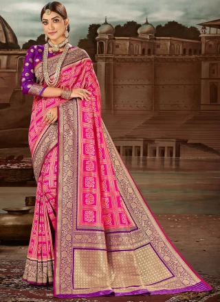 Hot Pink Banarasi Silk Traditional Designer Saree