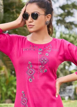 Hot Pink Cotton Embroidered Party Wear Kurti