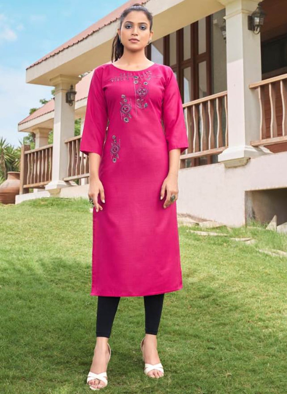 Shop Hot Pink Cotton Embroidered Party Wear Kurti Online 190147